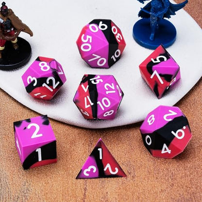 Silicone D&D Dice, 7pcs Rubber Polyhedral DND Dice Set, Sharp Edges Soft Perfect Bouncer for Dungeons and Dragons, RPG, MTG (D4, D6, D8, D10, D12, D20, D%) for Ages 15 and Up - color: Red Black Rose Red