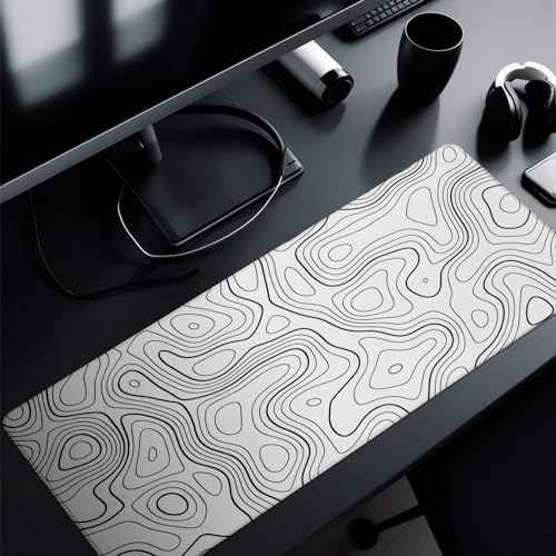 Topographic Contour Gaming Mouse Pad White Large Mouse Pad for Keyboard and Mousepad Desk Mat with 3mm Non-Slip Base and Stitched Edge for Gaming and Office Computer Mat Protector Mat 31.5x11.8 Inch - color: White Topographic Contour