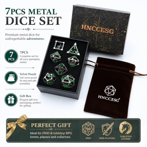 Hollow Cthulhu Metal Dice Set,7-Piece RPG Dice, Green Number | Lightweight Copper Dice,Easy-To-Read Numbers, a Gift Box and Velvet Bag for RPG Play, Gifting and Collecting. - color: Cthulhu Green Number