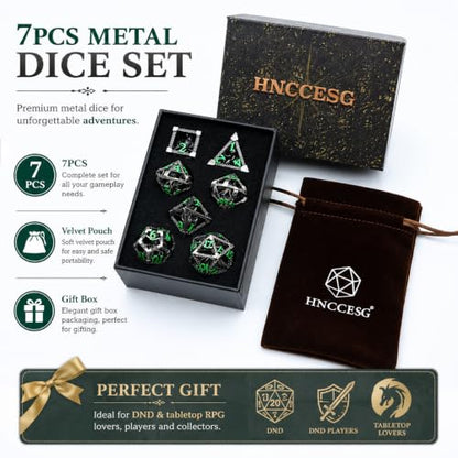 Hollow Cthulhu Metal Dice Set,7-Piece RPG Dice, Green Number | Lightweight Copper Dice,Easy-To-Read Numbers, a Gift Box and Velvet Bag for RPG Play, Gifting and Collecting. - color: Cthulhu Green Number