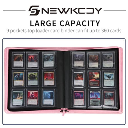 Snekdy Top loader Binder, 9 Pockets Top Loader，Holds 360 Top Loaders cards, Card binder with Sleeves for card in 3 x 4 inches color smooth Zipper PU Leather (Pink) - color: Pink