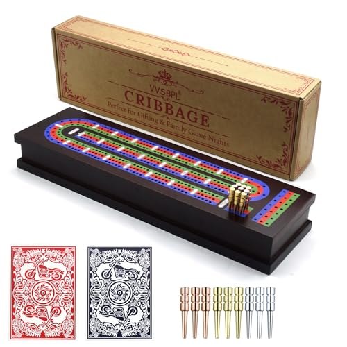 Wooden Cribbage Board Game Set with Metal Pegs and 2 Decks of Playing Cards, Travel Cribbage Board with Card Storage, Magnetic Lock, Classic Continuous 3 Track Cribbage Set for Family
