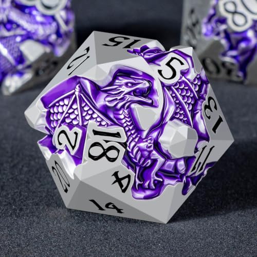 Roycevon Relief Dragon DND Dice Set for Role Playing Game, 7Pcs Metal D&D Dice Set Dungeons Dragons with Gift Box, Polyhedral D and D Dice D20 D12 D10 D8 D6 D4, Purple and Black - color: Purple and Black