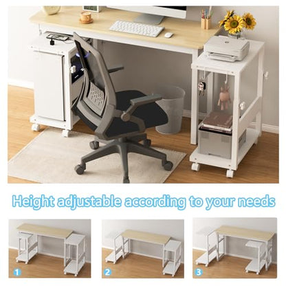 PC Tower Stand Height Adjustable with Charging Station | Computer Tower Stand with LED Light Strip,Mobile Rolling CPU Holder for Office Home (White Texture) - color: White Texture, size: 19.29'' × 11.42'