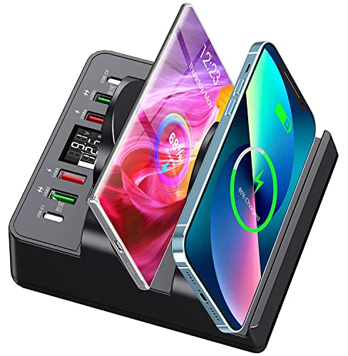 Wireless Charging Station with 6 USB Ports, 8 in 1 15W Dual Wireless Charger Station, 2 QC/2 PD USB Fast Charging Station, 80W Phone Charger for iPhone14/13/12/11/X/Samsung/Android/iWatch