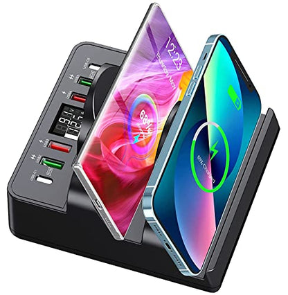 Wireless Charging Station with 6 USB Ports, 8 in 1 15W Dual Wireless Charger Station, 2 QC/2 PD USB Fast Charging Station, 80W Phone Charger for iPhone14/13/12/11/X/Samsung/Android/iWatch