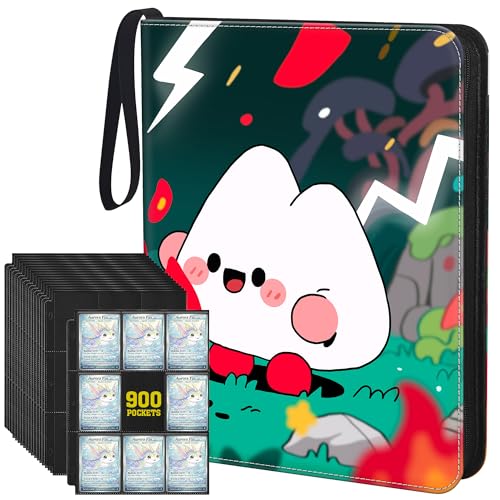 Trading Card Binder, 900 Pockets, 50 Sheets 9-Pocket, Refillable 3-Ring, Fits 2.5" x 3.5" Cards, Acid-Free PVC-Free Pages, Zip PU Cover with Strap, for TCG & Sports Cards – Campfire Design - color: Campfire Buddies