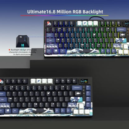 Womier SK80 75% Keyboard with Color Multimedia Display Gaming Keyboard | Creamy Sound Mechanical Wired Hot Swappable Gasket RGB Custom Key board, Pre-lubed Stabilizer for Mac/Win, Black Kanagawa - color: Kanagawa Black