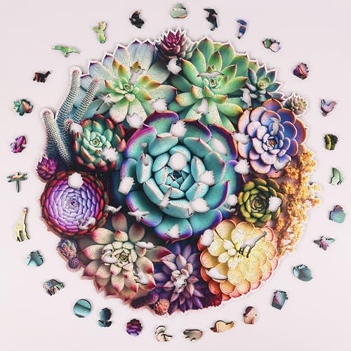 Delobi Mandala Succulent Wooden Puzzles, 200 Pieces Jigsaw Puzzles 11.3'' x10.9'', Unique Design Wooden Puzzles for Adults and Kids, Family Game Gift Medium Size - color: Succulent Mandala, size: 200Pcs