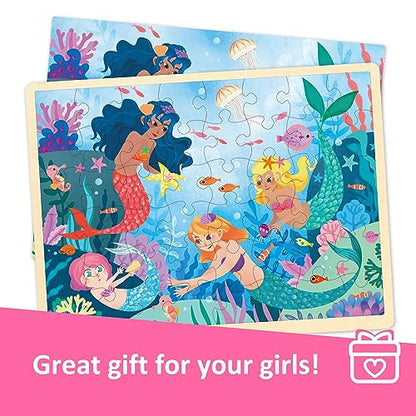 48 Piece Mermaid Wooden Jigsaw Puzzles for Kids Ages 3-5 | For 3 Year Old, Preschool Puzzle Ages 4-8, With Tray - style: 48 Piece