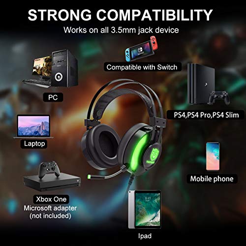 PS4 Gaming Headset, 7.1 Surround Sound Game Headset for Xbox One Noise Cancelling Gaming Headphones with Mic, Ergonomic Soft Earmuffs and LED Light for PC, Laptop - Green