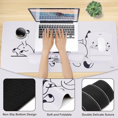 MEGREZ 4-in-1 Mouse Pad with Wrist Rest Ergonomic Memory Foam Desk Mat Set | ergonomic, anti-slip base, 4pcs set, desk pad, mouse wrist rest, keyboard rest, coaster, ideal for office & gaming - color: Beige
