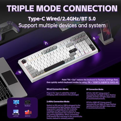 LEOBOG x Aula Wireless Keyboard 98 Keys Membrane Computer Keyboards | Silent Keyboard, 2000mAh Creamy Keyboard with Number Pad, Tri-Mode BT/2.4GHz/USB-C Connection for PC MAC Office Dorm Rooms - color: Black & White & Grey