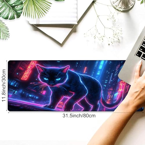 Desk Pad, Neon Cat Prowling Cyberpunk Cityscape XL Gaming Mouse Pad with Stitched Edges,Non-Slip Waterproof Rubber Base Large Desk Mat for Keyboard and Mouse 31.5"x11.8" - color: Colour7, size: 31.5" x 11.8"