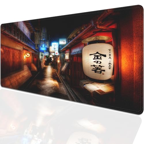 Japanese Street Lantern Large Mouse Pad Desk Pad, 27.5x11.8in Tokyo Night Scene Extended Keyboard Mousepad with Stitched Edges, Non-Slip Waterproof Rubber Base for Office, Computer, Laptop & Home - color: Japanese Street Scene at Night