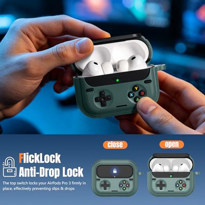 Getino Retro Game Case for AirPods Pro 3 | Game Console Design Protective Cover with Foldable Stand, Secure Lock Anti-Drop Shockproof PC+TPU Case, Keychain & Cleaning Kit for Men & Boys, Pine Green - color: Pine Green