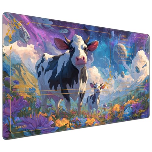 DEGDFSGR for MTG Playmat with Zones 24 x 14 inches for TCG Playmats Non-Slip Rubber Base Commander Play Mat for MTG Mat Iorcana Trading Card Game, Cow Starry Sky Wildflower - color: Cow Starry Sky Wildflower, size: 24" x 14"