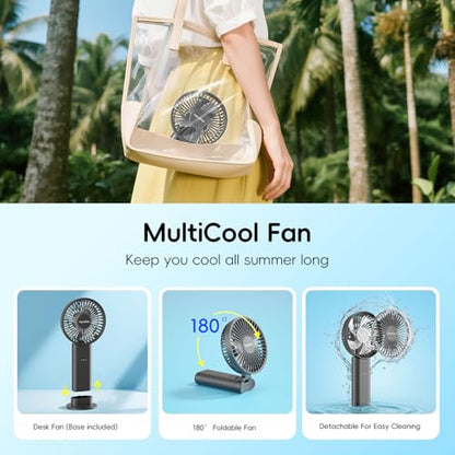 HandFan Upgraded 10,000 mAh Quiet Handheld Fan - 4.5 Inch Large Hand Held Fans Reahargeable, 180° Foldable Portable Fan [30 Working Hours] with Lanyard, Base for Disney/Travel/Concerts/Beach/Office - color: Clear‑Blade Black