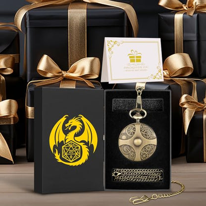 Mini DND Dice Set with Bronze Steampunk Gear Pocket Watch Shell Case, 7pcs Polyhedral Metal DND Dice Set, D&D Gifts with Gift Box, Role Playing Board Games DND Accessories - color: Gear