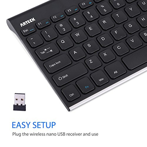 Arteck 2.4G Wireless Keyboard Stainless Steel Ultra Slim Keyboard for Computer/Desktop/PC/Laptop/Surface/Smart TV and Windows 11/10 / 8/7 / Vista/XP Built in Rechargeable Battery