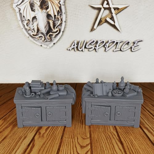 AUSPDICE Alchemy Lab & Scholar Study Cabinets 28mm Unpainted DND Terrain | Miniature Furniture for Dungeon Masters: 2 Cabinets with Books, Scrolls, Potions and an Open Tome for TTRPG Rooms - AS691