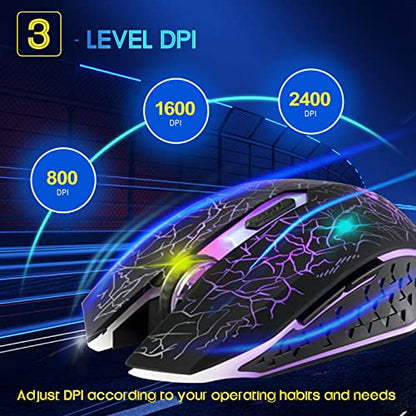 VEGCOO C10 Wireless Gaming Mouse Rechargeable Silent Optical Mice 7 Colors LED Lights, 7 Buttons 2400/1600/800DPI (Black) - color: black