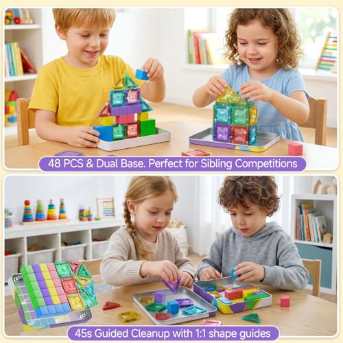 burgkidz Magnetic Tiles Travel Set: 48 PCS 3-in-1 Diamond Tin Box Mini Magnetic Blocks for Kids Ages 3-8, 60-Mins Quiet Focus with 45-Second Cleanup, Perfect for Air Travel & Car Trips Boys & Girls