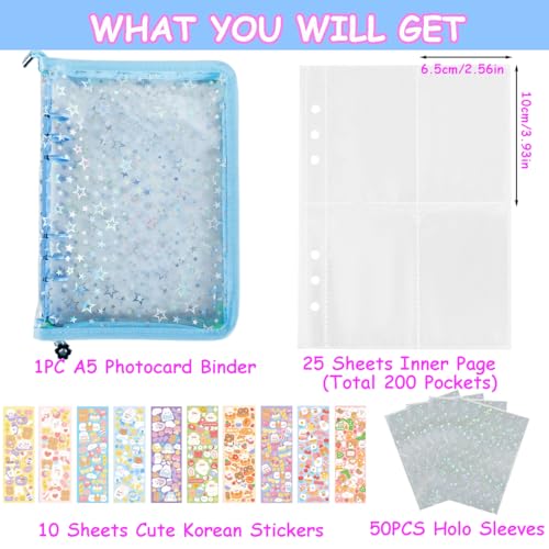 Kpop Photocard Binder with 6 Stickers Sheet & 50 Shinning Protective Sleeves Kpop Photocard Holder Book with Kpop Photocard, A5 Binder Photocard Album 30 Inner Pages with 240 Pockets (Skyblue) - color: Skyblue