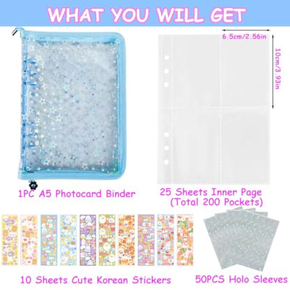 Kpop Photocard Binder with 6 Stickers Sheet & 50 Shinning Protective Sleeves Kpop Photocard Holder Book with Kpop Photocard, A5 Binder Photocard Album 30 Inner Pages with 240 Pockets (Skyblue) - color: Skyblue