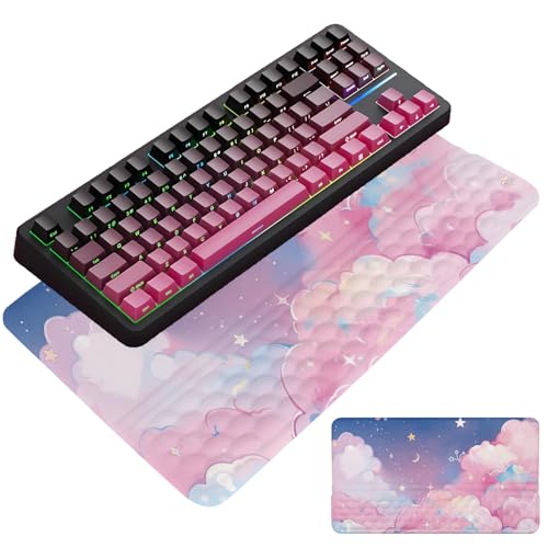 Computer Keyboard Stand Pad with Wrist Rest Pink Cloud Keyboard Pad Support with Comfortable Moon Galaxy Stars Wrist Pad Cute Girl Ergonomic Tilted Keyboard Riser Holder for Desktop Office Home - color: Silk Pink Cloud