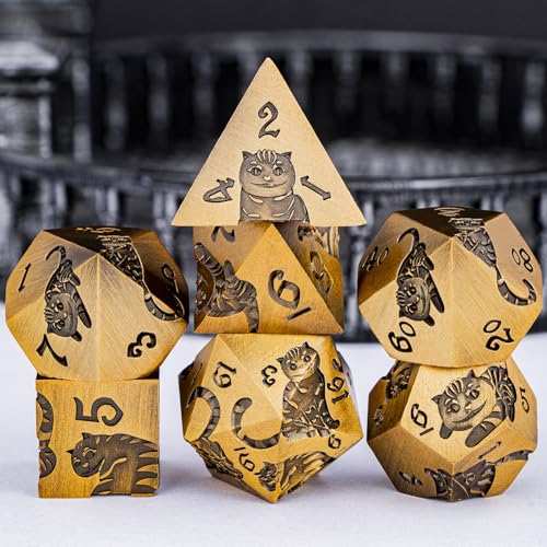Metal DND Cat Dice Polyhedral RPG Dice Set with Gift Case for Dungeons Dragons Role Playing Game, 7PCS D and D Dice D6 D8 D10 D12 D20 D% (Antique Gold) - color: Cat-gold