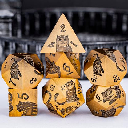 Metal DND Cat Dice Polyhedral RPG Dice Set with Gift Case for Dungeons Dragons Role Playing Game, 7PCS D and D Dice D6 D8 D10 D12 D20 D% (Antique Gold) - color: Cat-gold