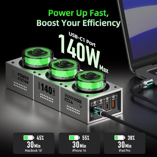 E-Tank 7-in-1 Desktop Charging Station, 140W Max GaN USB-C Charger | 3 AC Outlets, 3 USB-C Ports, 1 USB-A Port, PD 3.1 Fast Charging, Smart Power Sharing, RGB Lighting, Desk Power Hub - color: 140W Charger Station - Gray