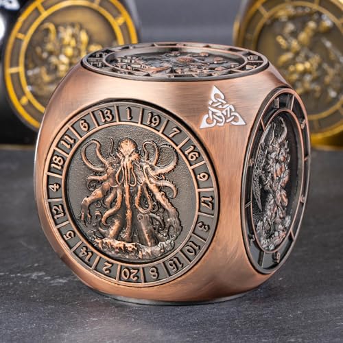 KERWELLSI 7 in 1 DND Dice Set D&D, Polyhedral Metal Spinner Dice, 3D Relief D and D Role Playing Dice with Gift Box (Copper) - color: Copper