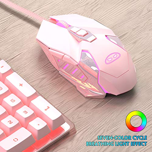 MageGee G10 Gaming Mouse Wired, 7 Colors Breathing LED Backlit Gaming Mouse, 6 Adjustable Speeds, Ergonomic Optical Computer Mouse with 7 Buttons for Windows PC Gamers - color: pink