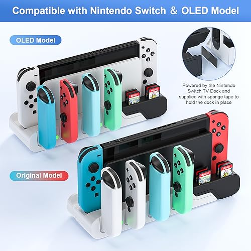 Controller Charging Dock Compatible With Nintendo Switch & OLED Model Joycons - Charges up to 6 Joycons With Game Card Storage Stand - color: Black＆White