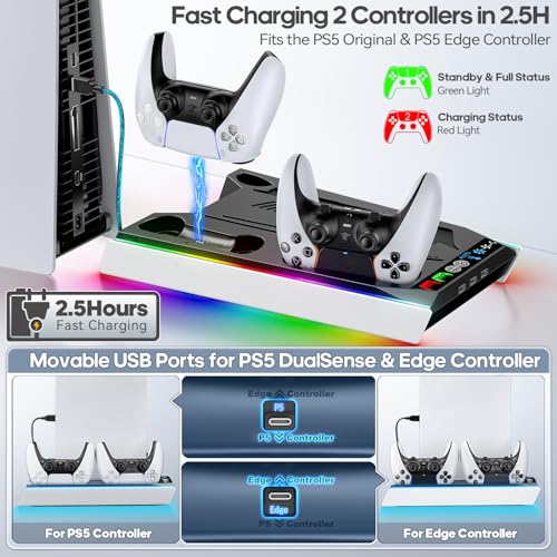 Tokluck PS5/Slim/Pro Cooling Station with Auto Turbofan & 3-Level Speed, PS5 Vertical Stand Cooling Fan Station with Controller Charger, Cooler Docking Station for PlayStation 4 Adapters - color: Black&White