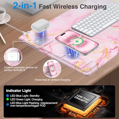 Wireless Charging Mouse Pad with Phone Holder, 31.5"x15.8" in, Pink Marble | Large Desk Mat for Laptop/Keyboard, Waterproof Ultra-Smooth Surface, Non-Slip Base - color: Pink Marble-Phone Holder-31.5"x15.8"