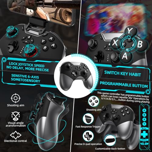 Bluetooth Controller for Switch/PC/iPhone/Android/Apple Arcade MFi Games/TV/Steam, Hall Effect Joysticks Wireless Game Controller Gamepad with/Phone Clip/Lock Speed/Macro/6-Axis Gyro/Dual Motors/Turbo - color: Black