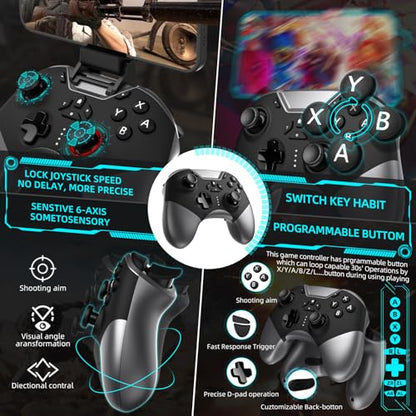 Bluetooth Controller for Switch/PC/iPhone/Android/Apple Arcade MFi Games/TV/Steam, Hall Effect Joysticks Wireless Game Controller Gamepad with/Phone Clip/Lock Speed/Macro/6-Axis Gyro/Dual Motors/Turbo - color: Black