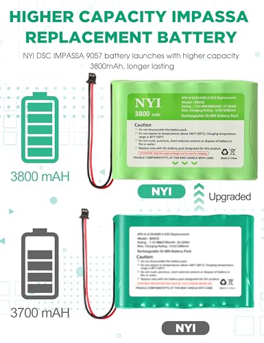 NYI Upgraded 3800mAh Battery Compatible with ADT IMPASSA 9057 SCW9057 SCW9055, 6PH-H-4/3A3600-S-D22 Replacement, 7.2V Rechargeable Ni-MH Battery Pack for DSC Control Panel, 2 Pin Connector