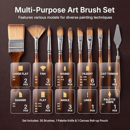 Nicpro 30pcs Paint Brush Set, Professional Acrylic Paint Brushes with Paint Spatula and Cloth Roll, Paintbrushes for Acrylic Painting, Oil, Watercolor, Gouache, Art Supplies for Artists and Beginners - color: Wood
