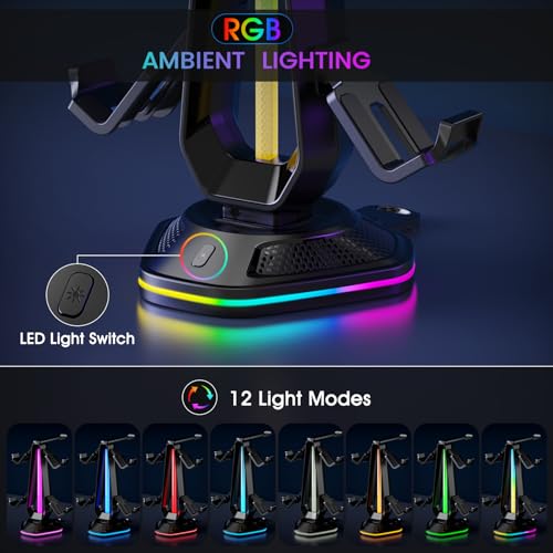 Luckit Gaming Headphones Stand, RGB Headset Stand with 12 Light Modes, Controller Holder with 2 USB Charging Ports - Supports Data Transfer, Earphone Hanger Accessories for Desktop Gamer