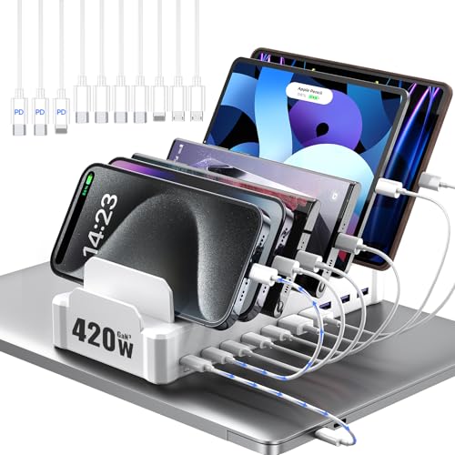 420W Charging Station for Multiple Devices, Zobirez 10-Port USB C Fast Charger Stations for MacBook, iPhone, Android Cell Phone, iPad, Tablet, Family Multi-Device Organizer Charging Dock, White - color: White