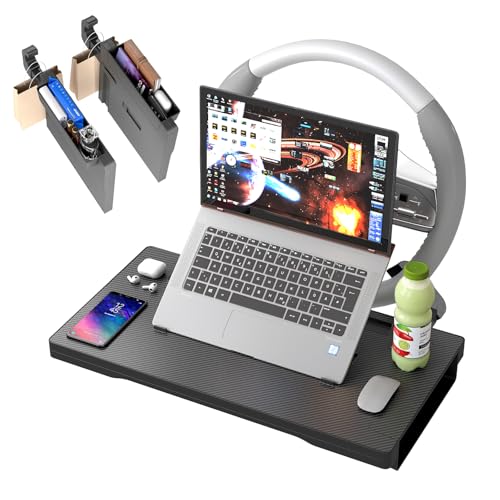 2-in-1 Car Steering Wheel Desk Tray,Adjustable Car Table for Laptop | Car Food Tray for Standard Round Steering Wheels,Car Seat Gap Filling Organizer,Foldable Carbon Fiber Look Table for Working