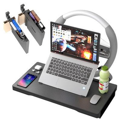 2-in-1 Car Steering Wheel Desk Tray,Adjustable Car Table for Laptop | Car Food Tray for Standard Round Steering Wheels,Car Seat Gap Filling Organizer,Foldable Carbon Fiber Look Table for Working