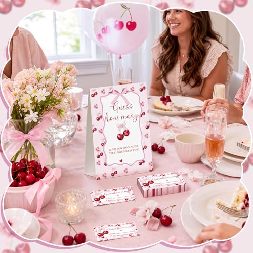 Cherry Bow Guess How Many Baby Shower Game Pack of 1 Tabletop Sign with Stand and 50 How Many Cards, Coquette Cherry Gender Reveal Party Game Decorations - style: Cherry Bow