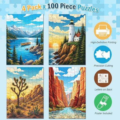 4-Pack 100 Piece Puzzle, National Parks 100 Piece Puzzles for Adults Seniors, Zion Acadia Joshua Tree Lake Tahoe Large Piece Puzzles for Seniors Adults, Mountain Lake Nature Landscape Puzzle Gifts