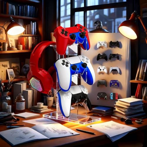 Controller Stand 3 Tiers, Universal Controller Holder Headphone Stand, Headset Holder, Acrylic Controller Display Stand Compatible with Xbox, PS5, PS4, Nintendo Switch - Ideal Desk Mount for Gamers - size: 3 Tiers