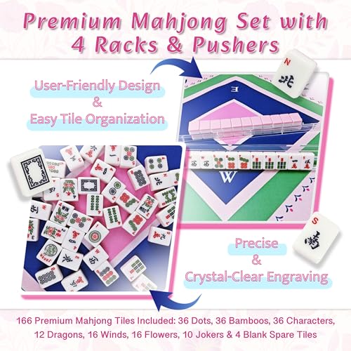 American Mahjong Game Set Complete with 166 Pink Tiles, Noise Reducing Mat, 4 All-in-One Rack/Pushers, Pink Bag & Accessories - Suitable for Adults and Beginners